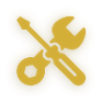 Gold wrench and screwdriver maintenance icon with a soft black-and-gold glow, representing South East Sleepers’ reliable onsite repairs and preventative maintenance for hosts.